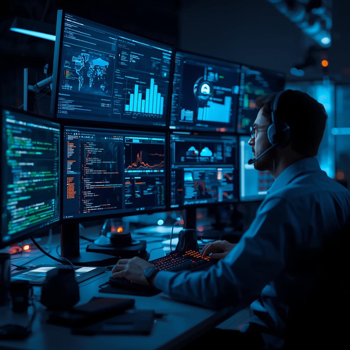 Tech Workspace Developers Building Custom Software On Multiple Screens Modern UI Dashboards Cloud Architecture Graphics Blue Professional Lighting High Tech Environment Ultra Realistic 16 9 Website Banner